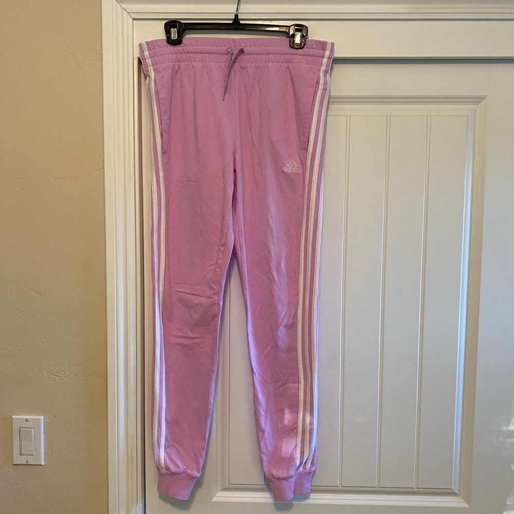 Adidas Light Pink Joggers with White Stripes